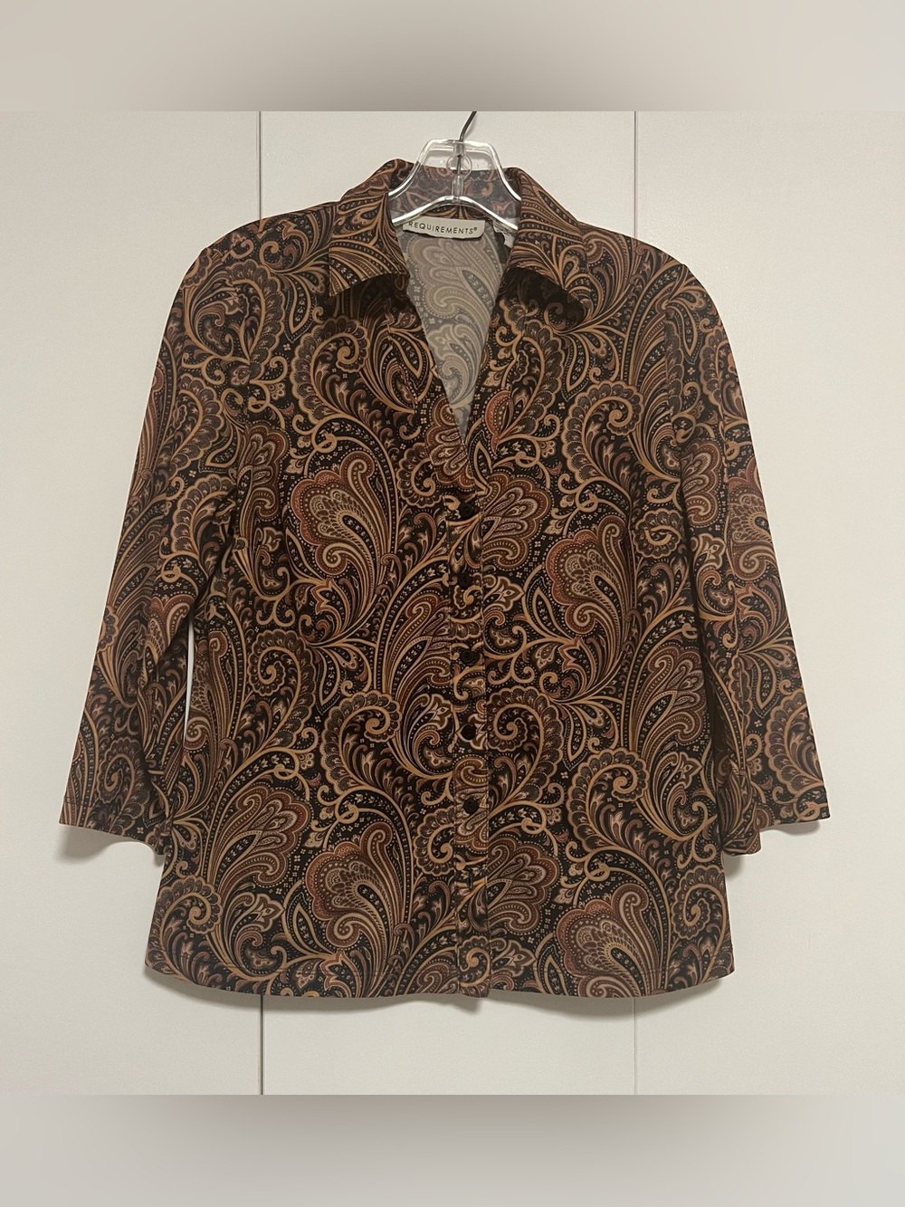 Vintage 90’s Requirements Brown and Tan Paisley Button-Down Blouse 3/4 Sleeve